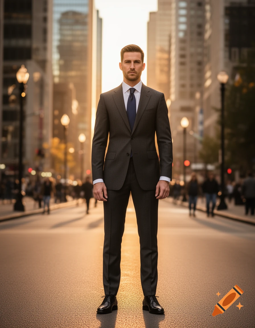 A man in a dark suit and blue tie stands in the middle of a city street at sunset, looking directly at the viewer.