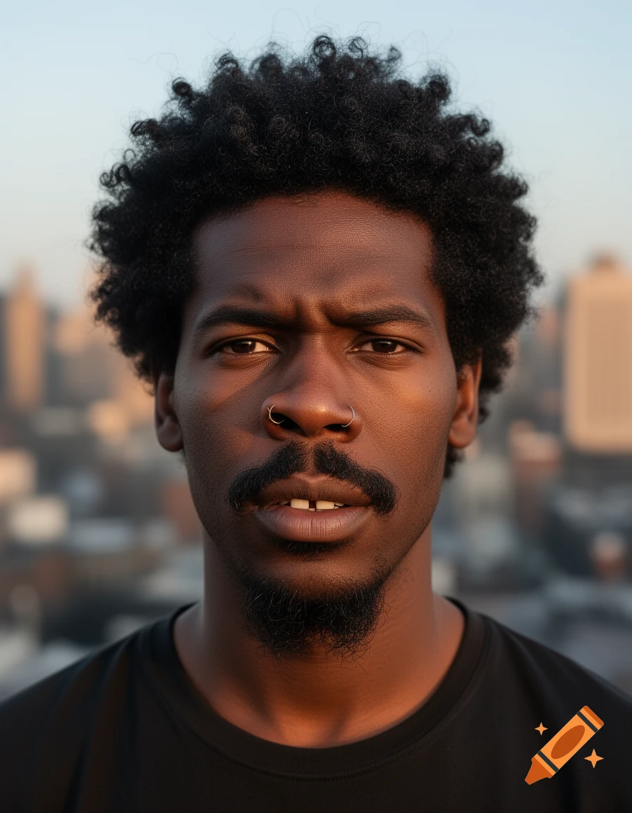 Close-up portrait of a dark-skinned man with black curly hair, a mustache, a goatee, and two nose rings, looking directly at the camera with a serious expression. A blurred city skyline is in the background at sunset.