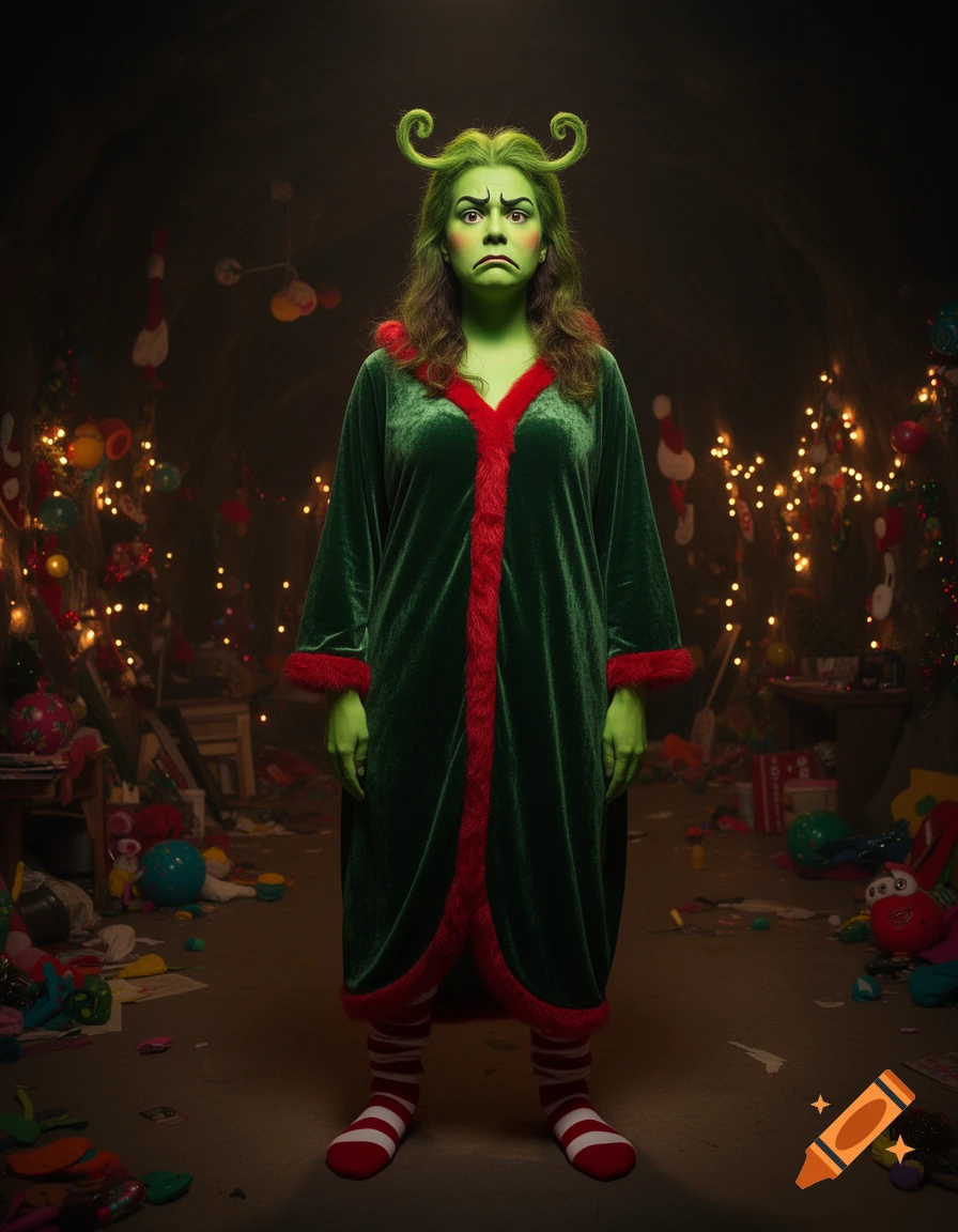 A green-skinned woman with green hair styled into horns, wearing a green velvet robe and red-striped socks, stands moodily in a dark, messy room filled with Christmas lights and scattered toys.