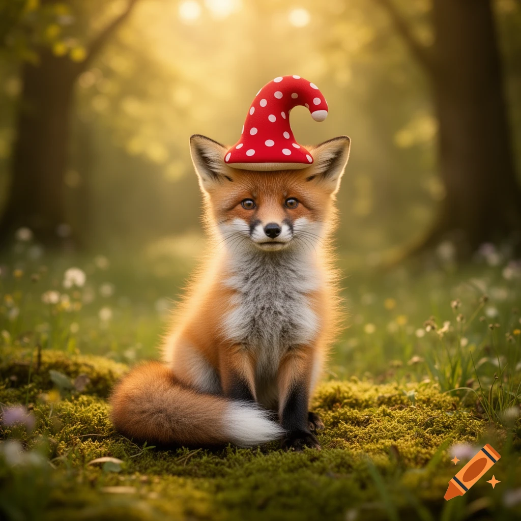 A cute fox with a red and white polka dot mushroom hat sits in a sunny, mossy forest.