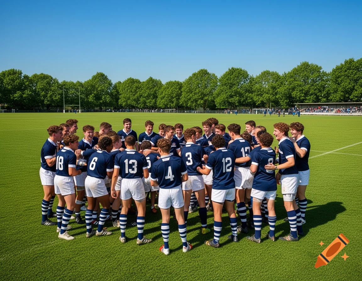 A group of male rugby players in uniform huddle on a green field under a clear blue sky.