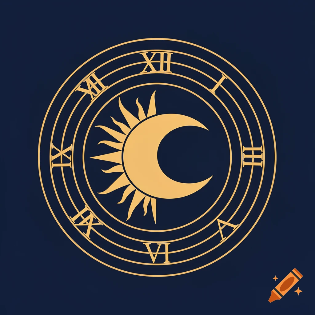 A golden sun and crescent moon symbol within concentric circles featuring Roman numerals on a dark blue background.