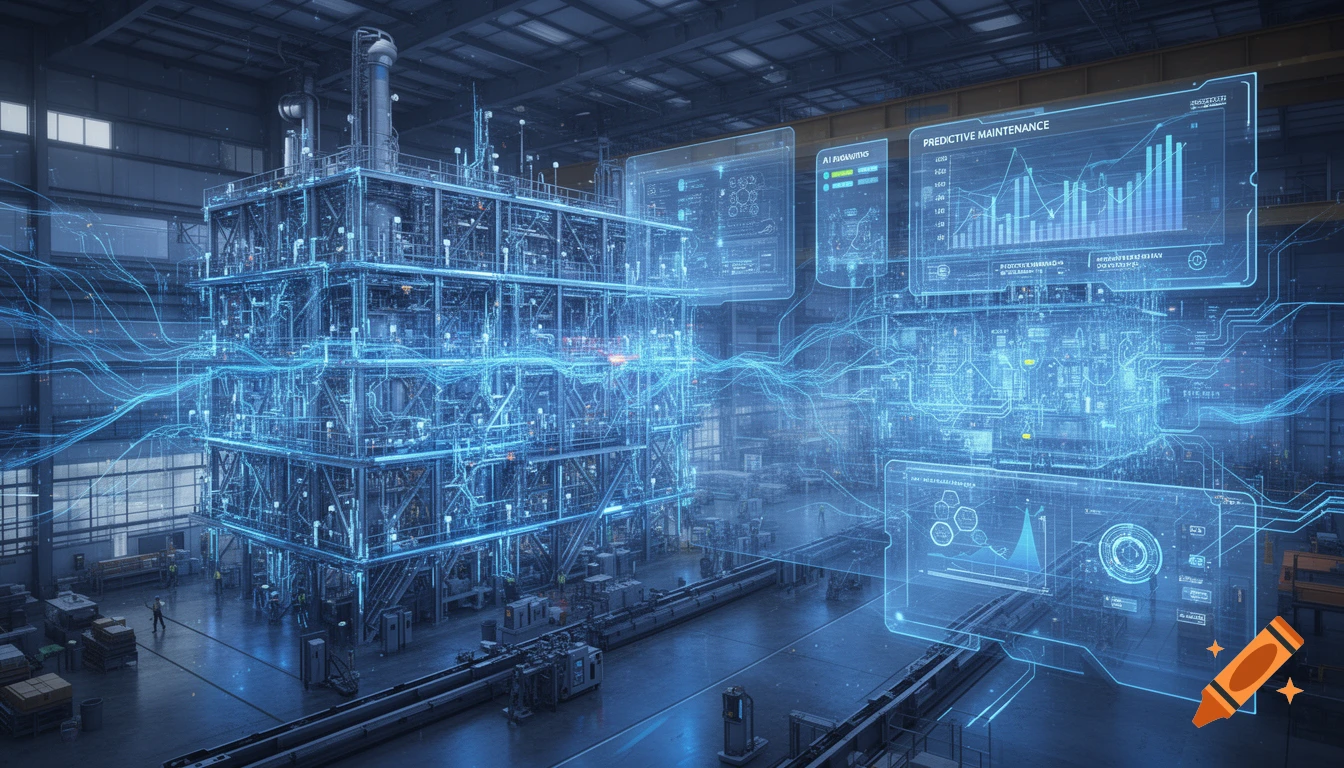 Futuristic industrial factory interior with a large glowing digital twin structure, holographic interfaces displaying AI analytics and predictive maintenance graphs.