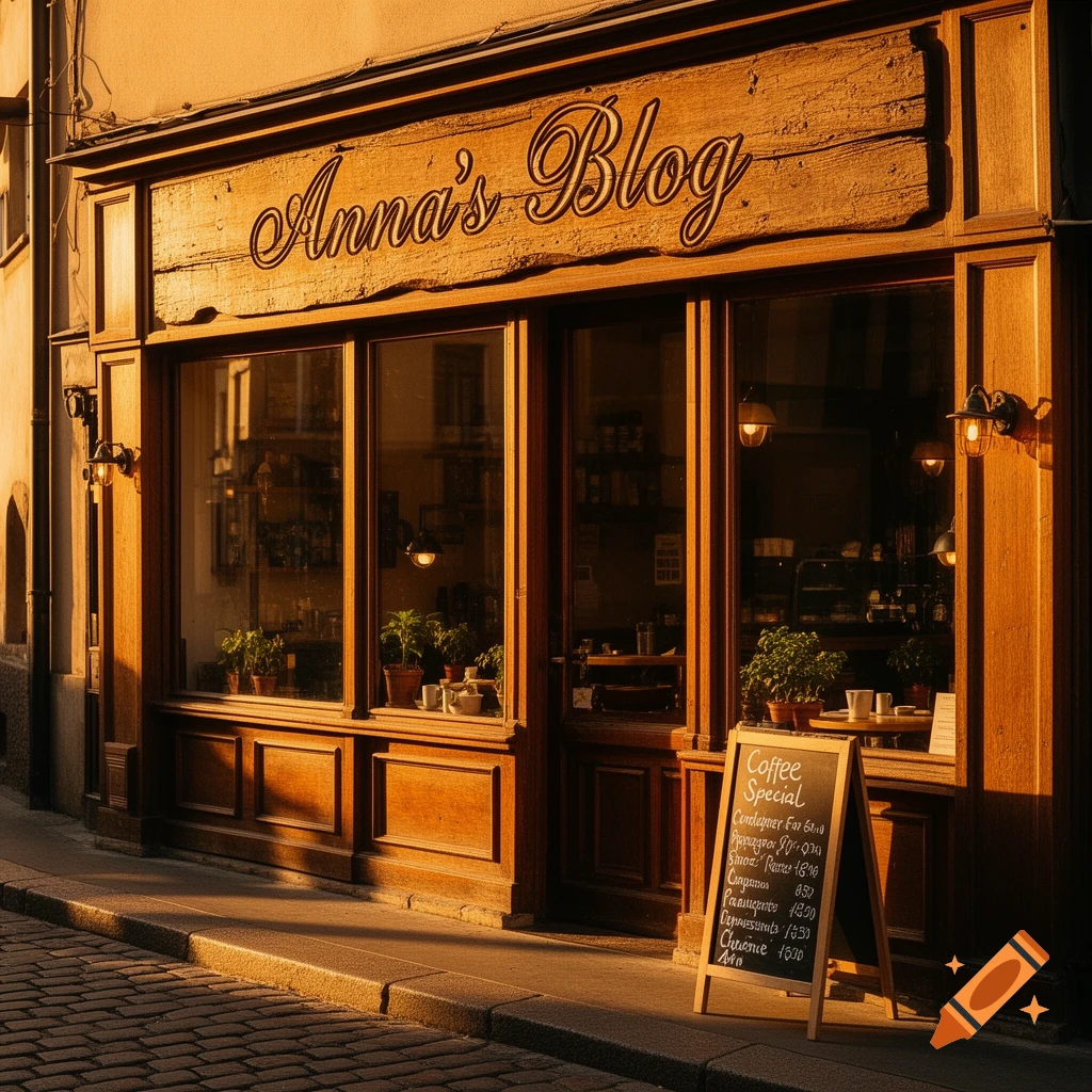 A quaint European-style coffee shop storefront named "Anna's Blog" with a blackboard menu on the sidewalk, bathed in warm golden hour light.