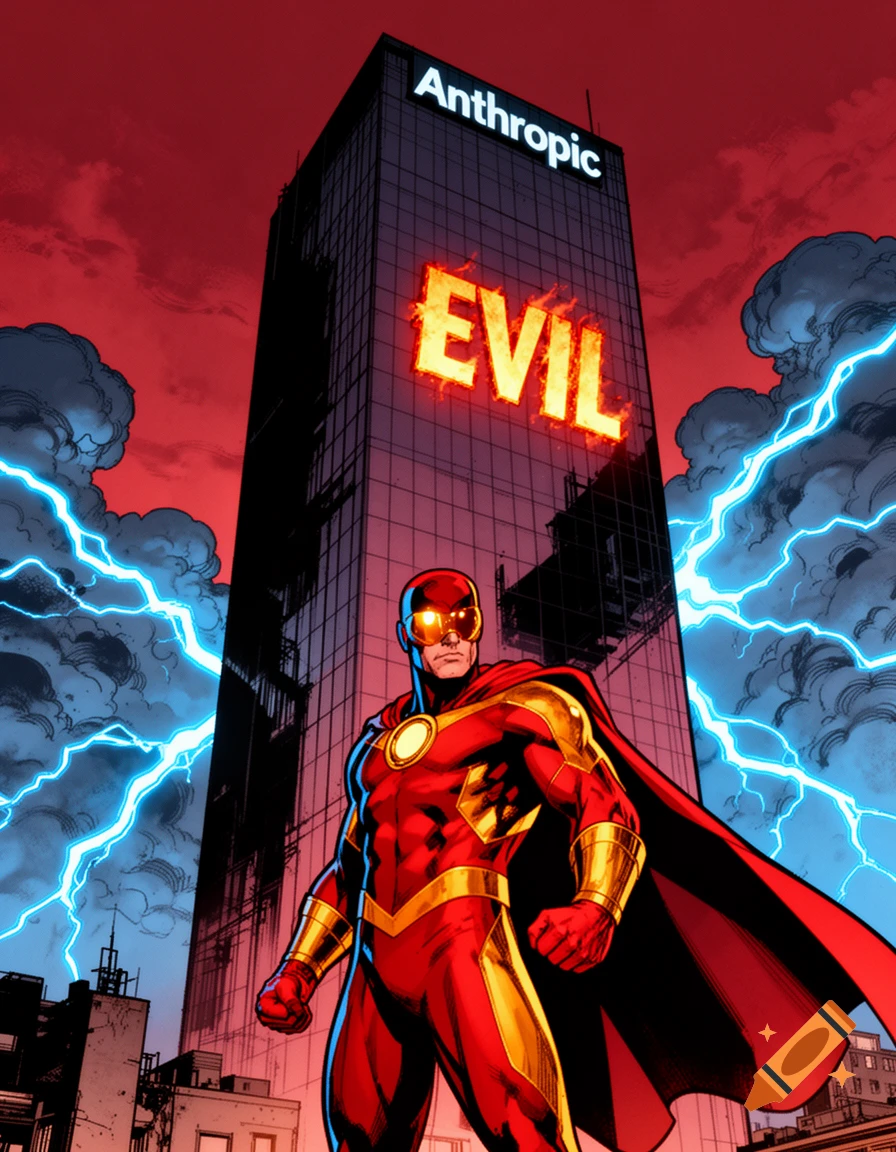A superhero in a red and gold suit stands before a skyscraper with 'Anthropic' and glowing 'EVIL' text, amidst a stormy red sky with lightning, comic book style.