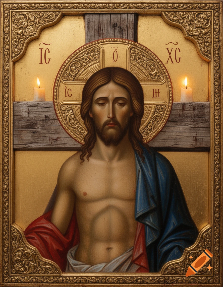 An Orthodox icon depicting Jesus Christ with a bare chest and blue and red drapery, set against a wooden cross and gold background with two lit candles. The icon is framed in ornate gold, with Greek monograms surrounding Jesus's head.