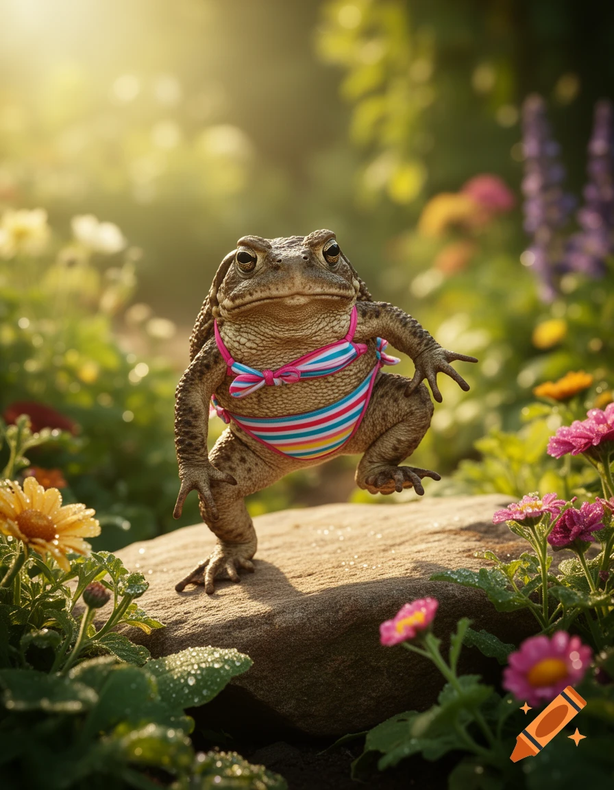 A photorealistic toad wearing a colorful striped bikini stands on a rock in a sunny garden with flowers and dewdrops.