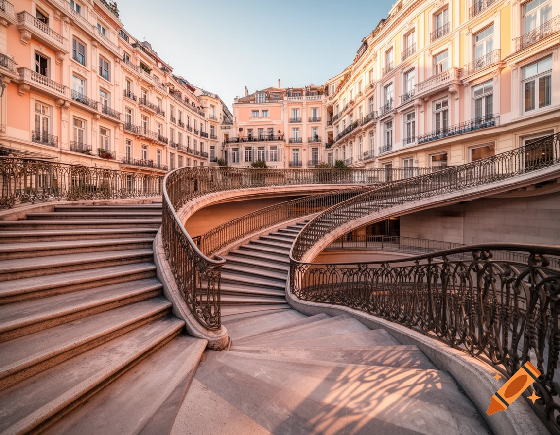 An elegant winding stone staircase with ornate railings surrounded by light-colored architectural buildings under a clear sky.