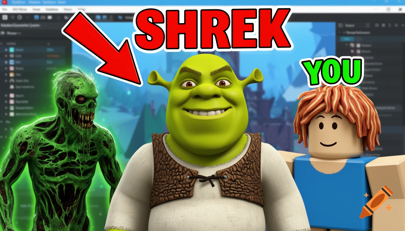A Roblox game thumbnail featuring Shrek, a green zombie, and a Bacon Hair character. Text 'SHREK' and 'YOU' are present.