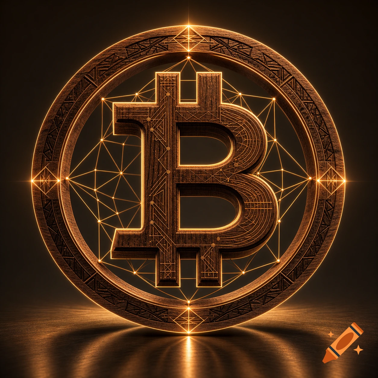 A wooden Bitcoin logo, glowing with orange wireframe patterns and laser lights, reflecting on a dark surface.