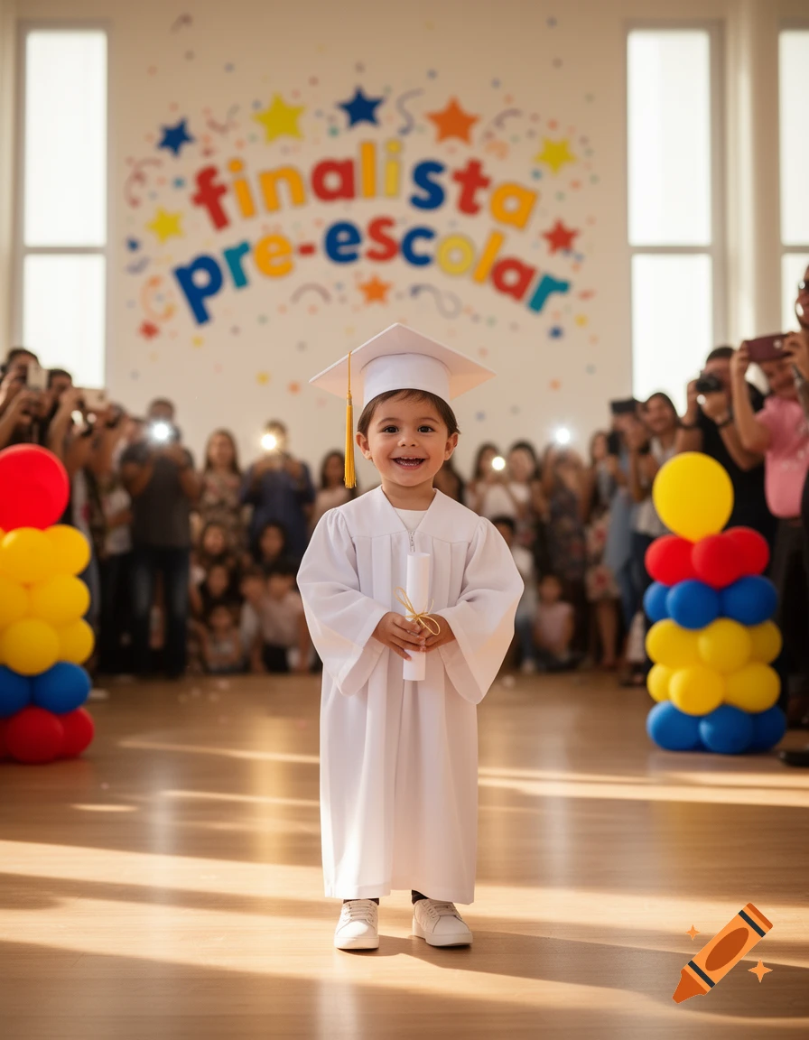 A smiling child in a white graduation gown and cap holds a scroll in front of a colorful "finalista pre-escolar" banner and a blurred crowd.