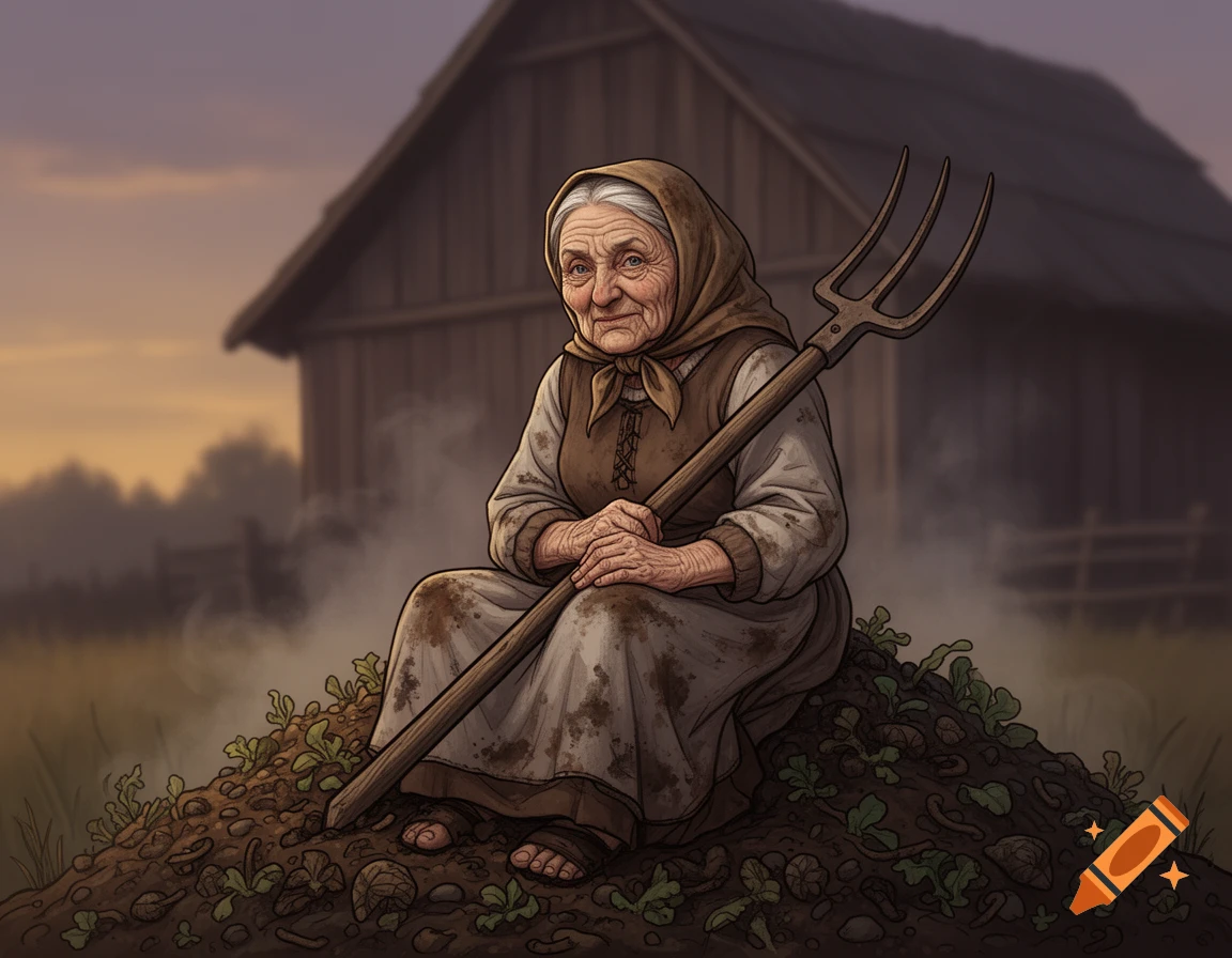 An old woman with a headscarf sits on a compost heap, holding a pitchfork, next to a barn at dusk, in a folklore illustration style.