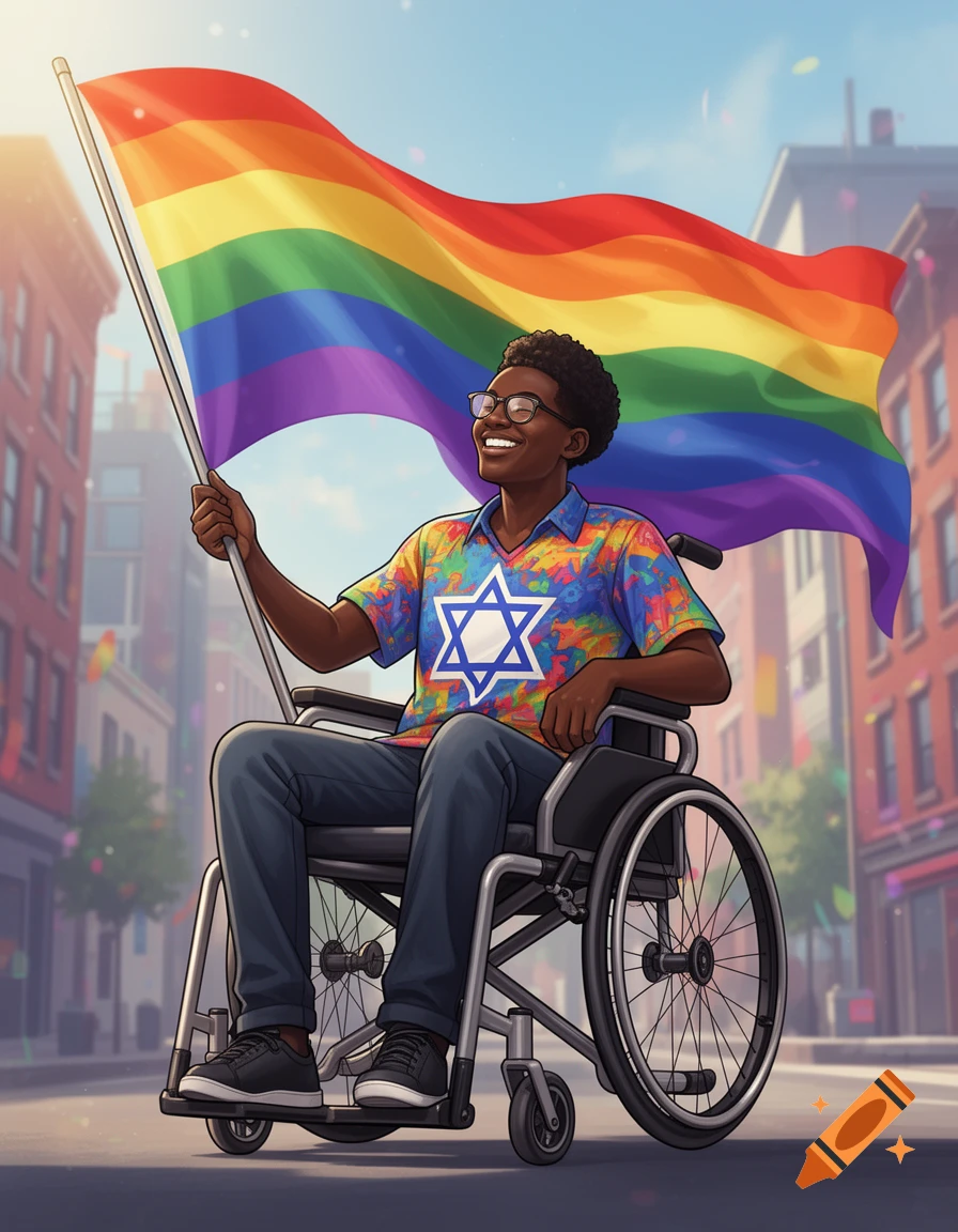A smiling Black person in a wheelchair holds a vibrant rainbow pride flag on a city street. They wear glasses and a colorful shirt with a Star of David.