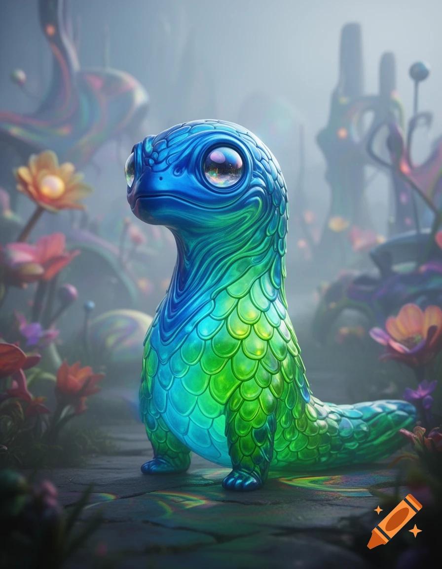 A vibrant blue and green scaled creature with large, reflective eyes stands in a misty, whimsical alien garden with colorful flowers.