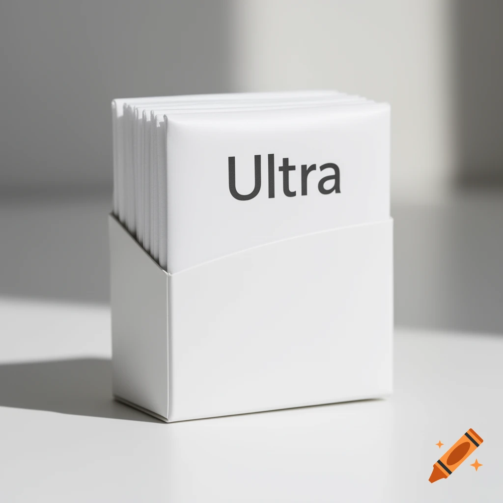 White packages labeled 'Ultra' stacked in a white dispenser against a bright background.