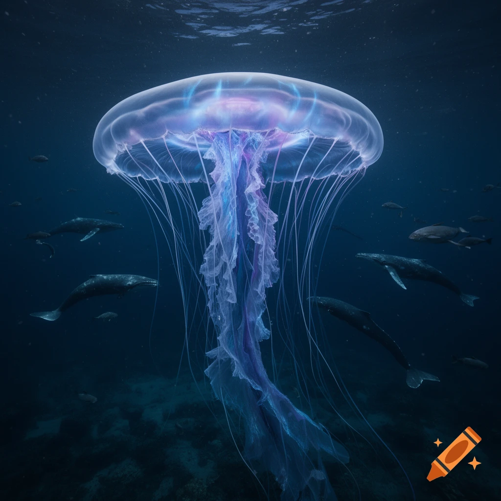 A large, glowing purple and blue jellyfish with long tentacles swims in the deep blue ocean, surrounded by whales and fish.