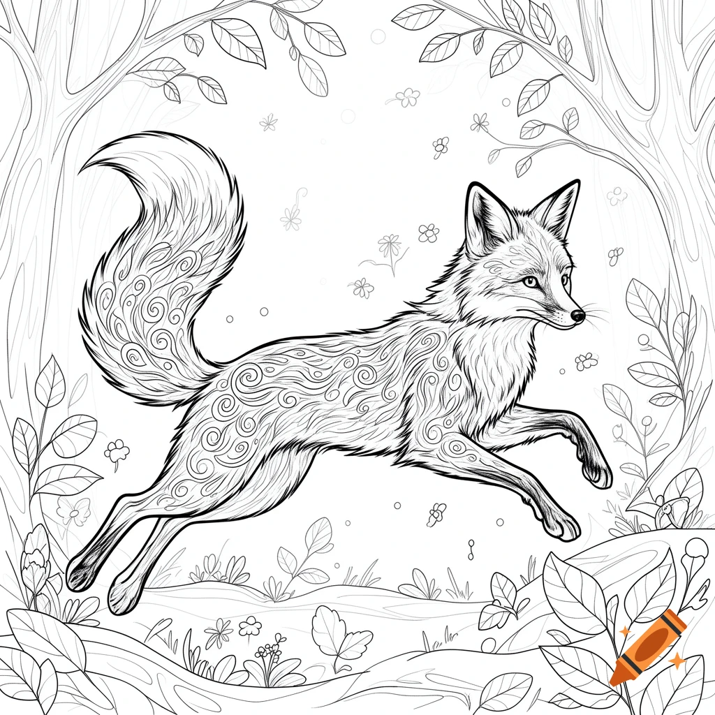 Line art coloring page of a fox leaping through a forest.