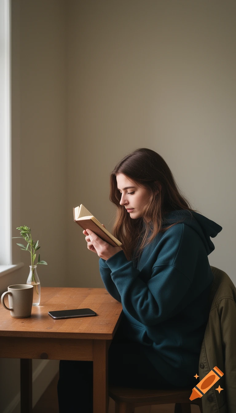 A young woman in a teal hoodie reads a small notebook at a wooden table with a mug and smartphone, bathed in soft light from a window.