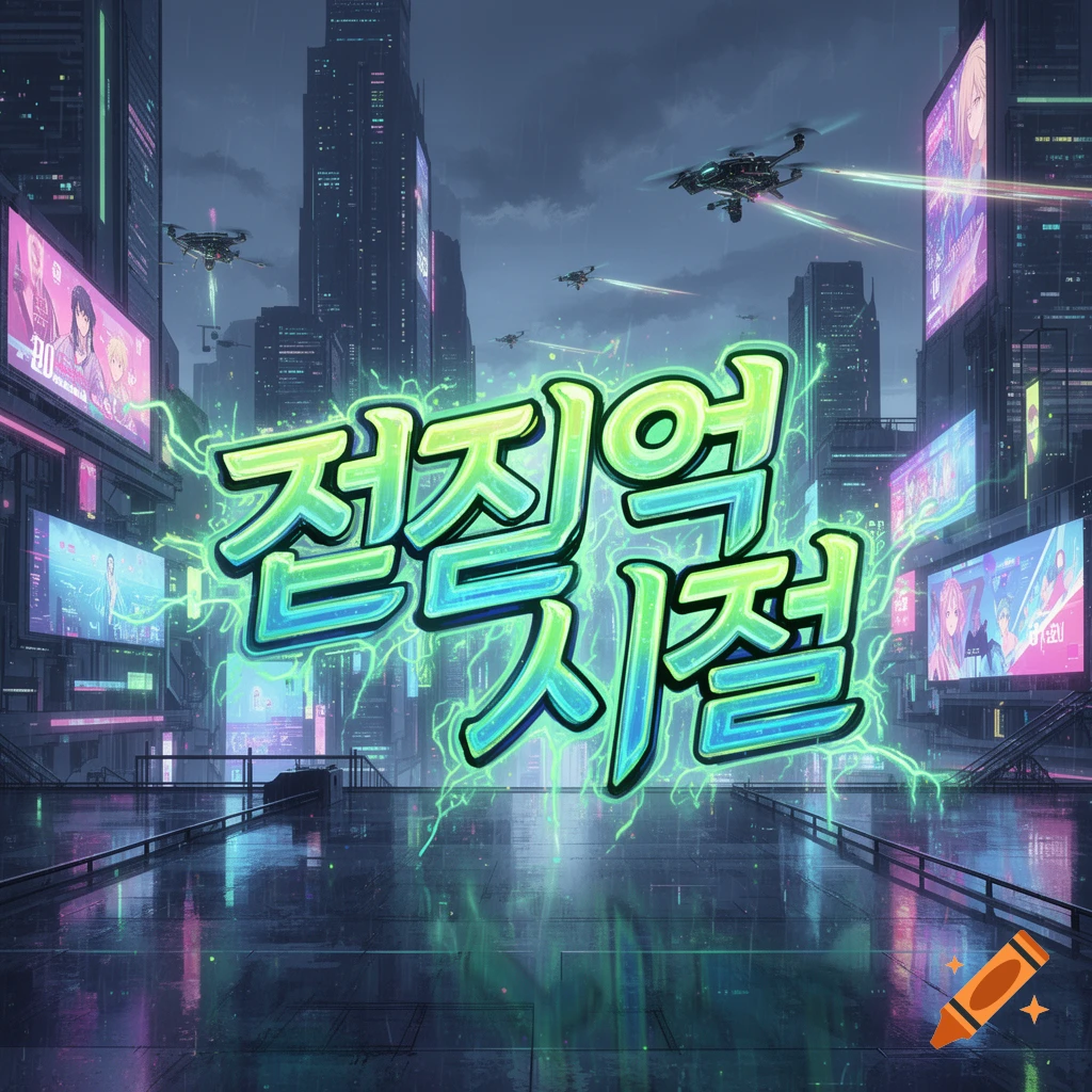 A neon-lit cyberpunk city at night with large glowing Korean text in the center, drones flying, and reflections on a wet street.