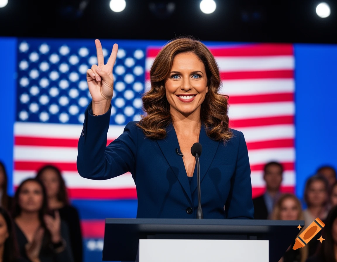 A smiling woman with chestnut hair and blue eyes gestures a peace sign from a podium, with an American flag behind her.