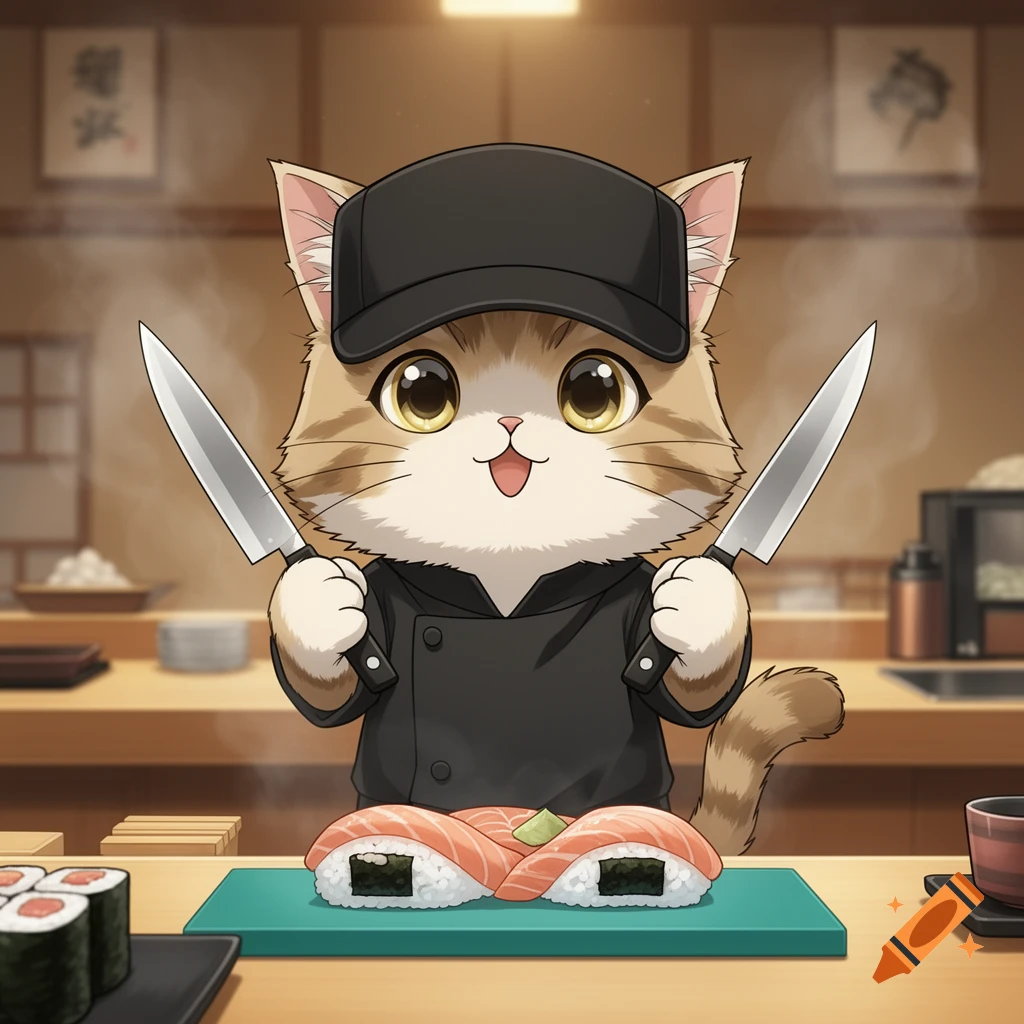 Manga-style cat chef with a black cap, holding two knives, standing behind a counter with sushi.