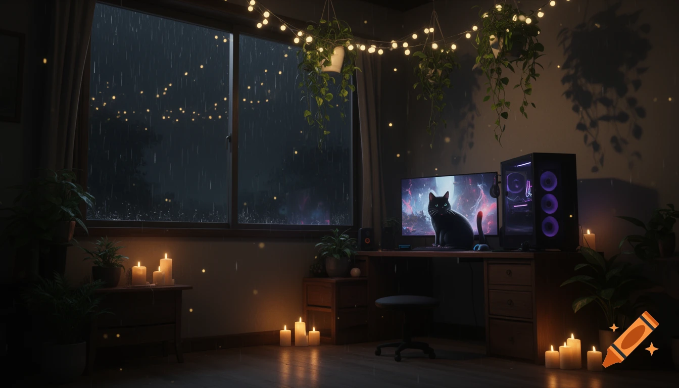 A cozy, anime-inspired lo-fi streaming room at night with rain outside, a black cat, gaming PC, plants, candles, and fairy lights.