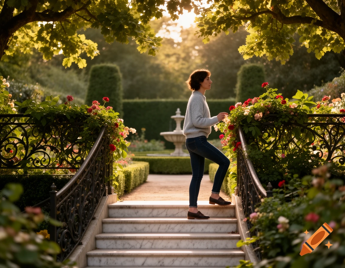 A woman in a grey sweater and jeans walks up marble stairs in a beautiful, sunny garden with blooming roses and trees.