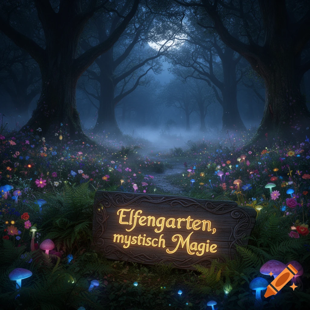 A mystical dark forest at night with glowing flowers, mushrooms, a misty path, and a wooden sign displaying 'Elfengarten, mystisch Magie'.