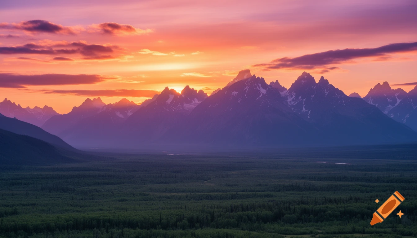 Vibrant sunset over majestic purple mountains with snow-capped peaks, above a dark green forest.