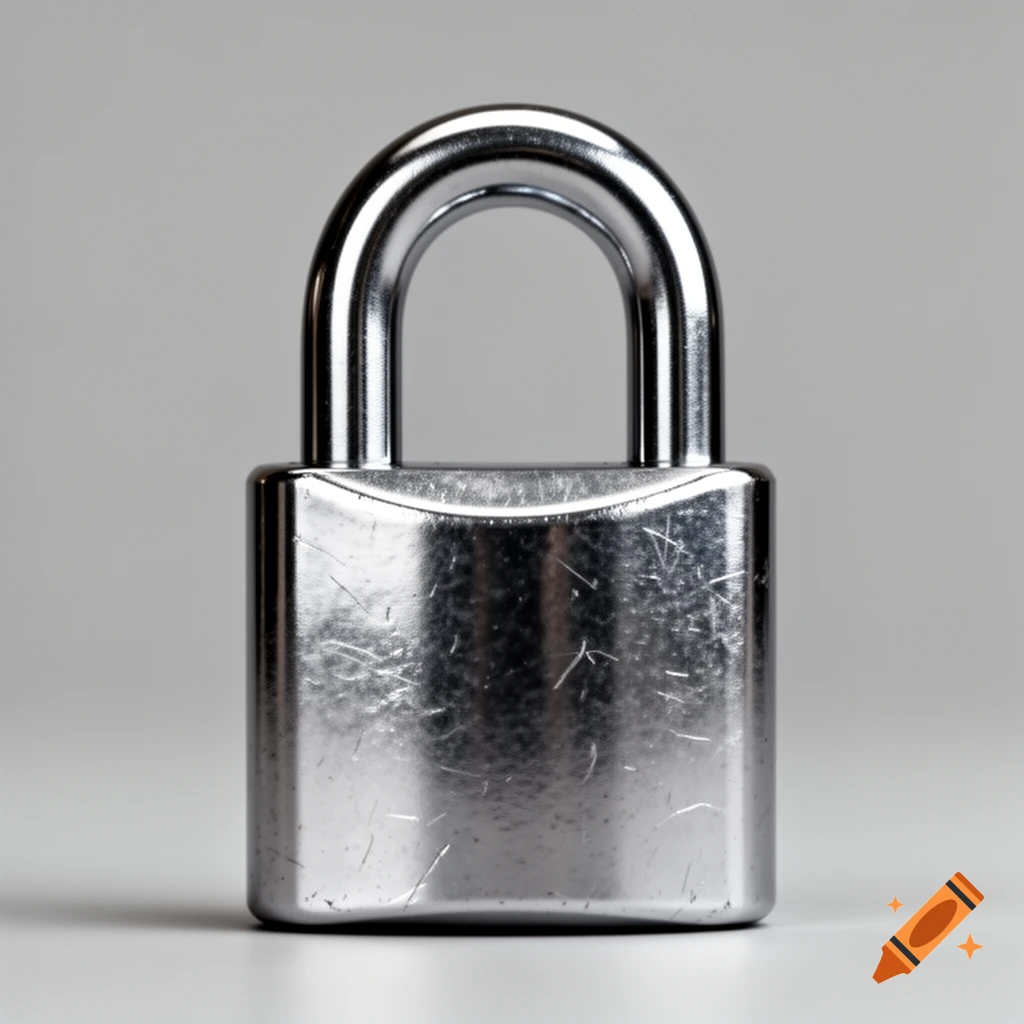 A close-up, photorealistic shot of a shiny silver padlock with minor scratches on a light grey background.