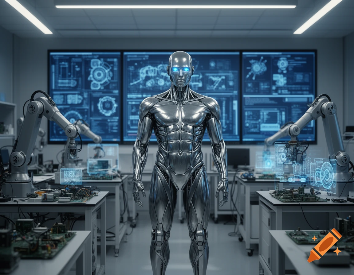A metallic humanoid robot stands in a futuristic laboratory with robotic arms and holographic displays showing blueprints.