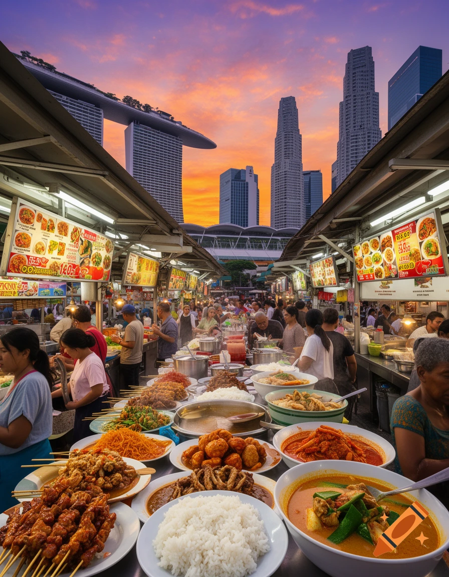 A vibrant, crowded Singaporean street food market at sunset, with numerous dishes laid out and city skyscrapers in the background.