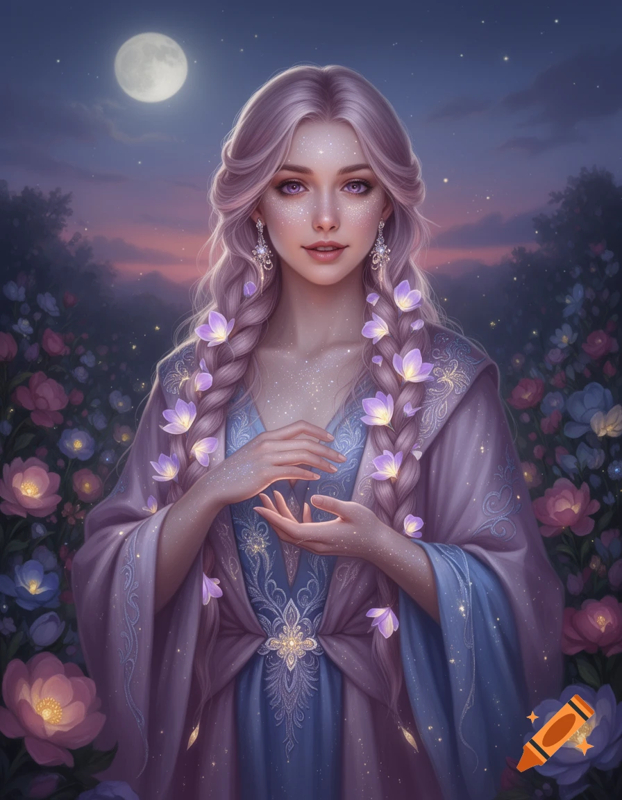 Fantasy portrait of a woman with braided silvery-pink hair and glowing purple flowers, wearing a lavender and blue gown, standing in a moonlit garden.