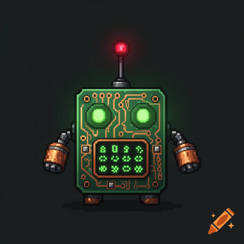 A cute 8-bit pixel art robot with a green PCB body, glowing green LED eyes, a red antenna, and a pixel matrix display.