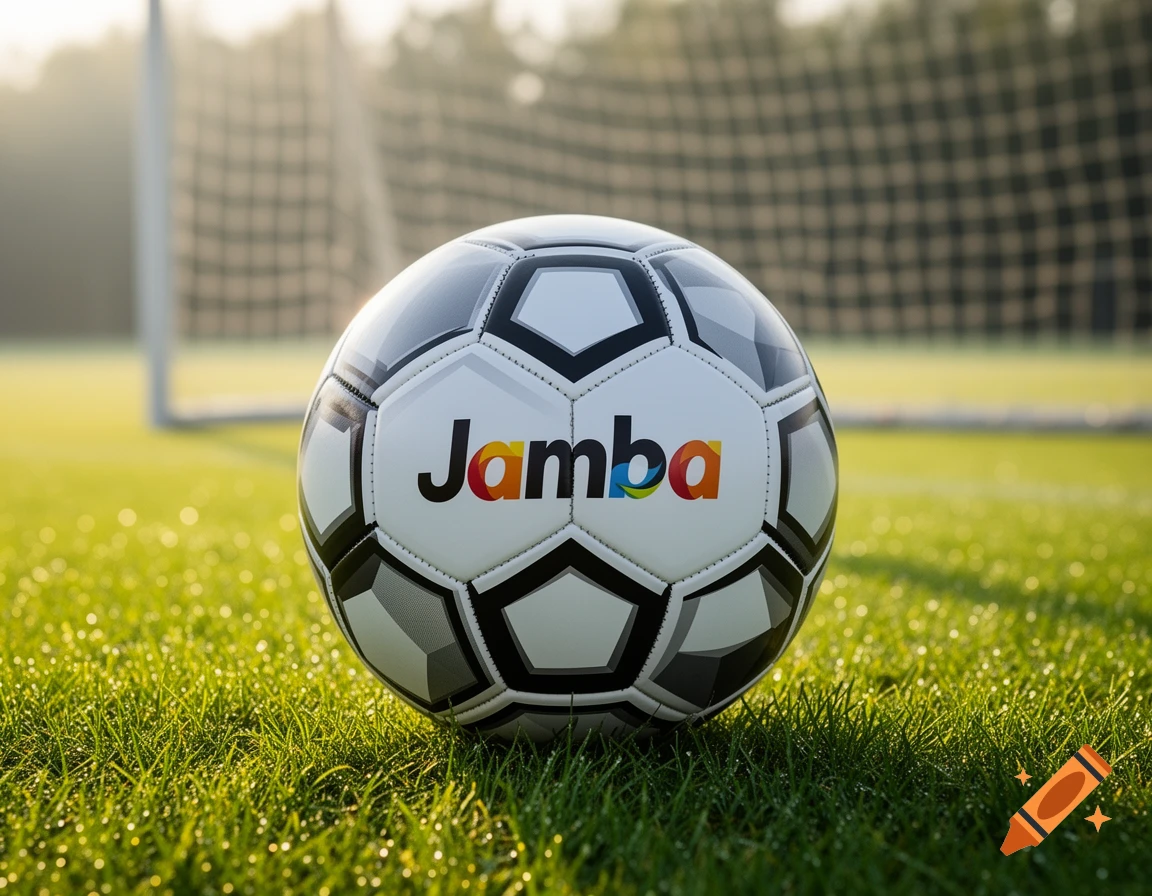 A close-up of a white soccer ball with the colorful word 'Jamba' on it, resting on a green grass field with a goal net in the background.