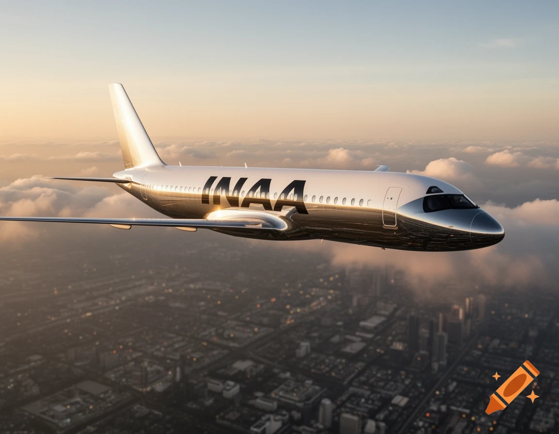 A sleek silver airplane with "INAA" on its side flies over a city at sunset, with clouds in the sky.