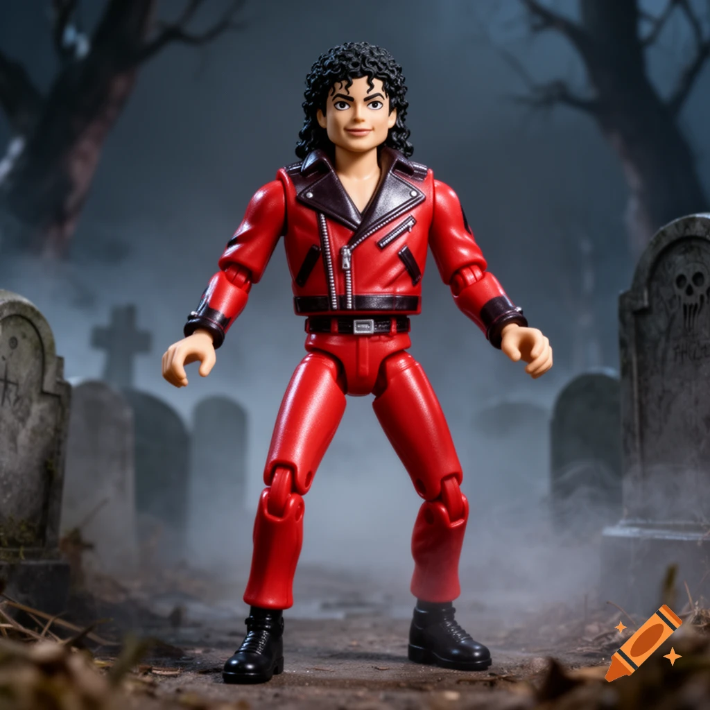 A Michael Jackson Thriller action figure in a red jacket stands in a misty graveyard at night.