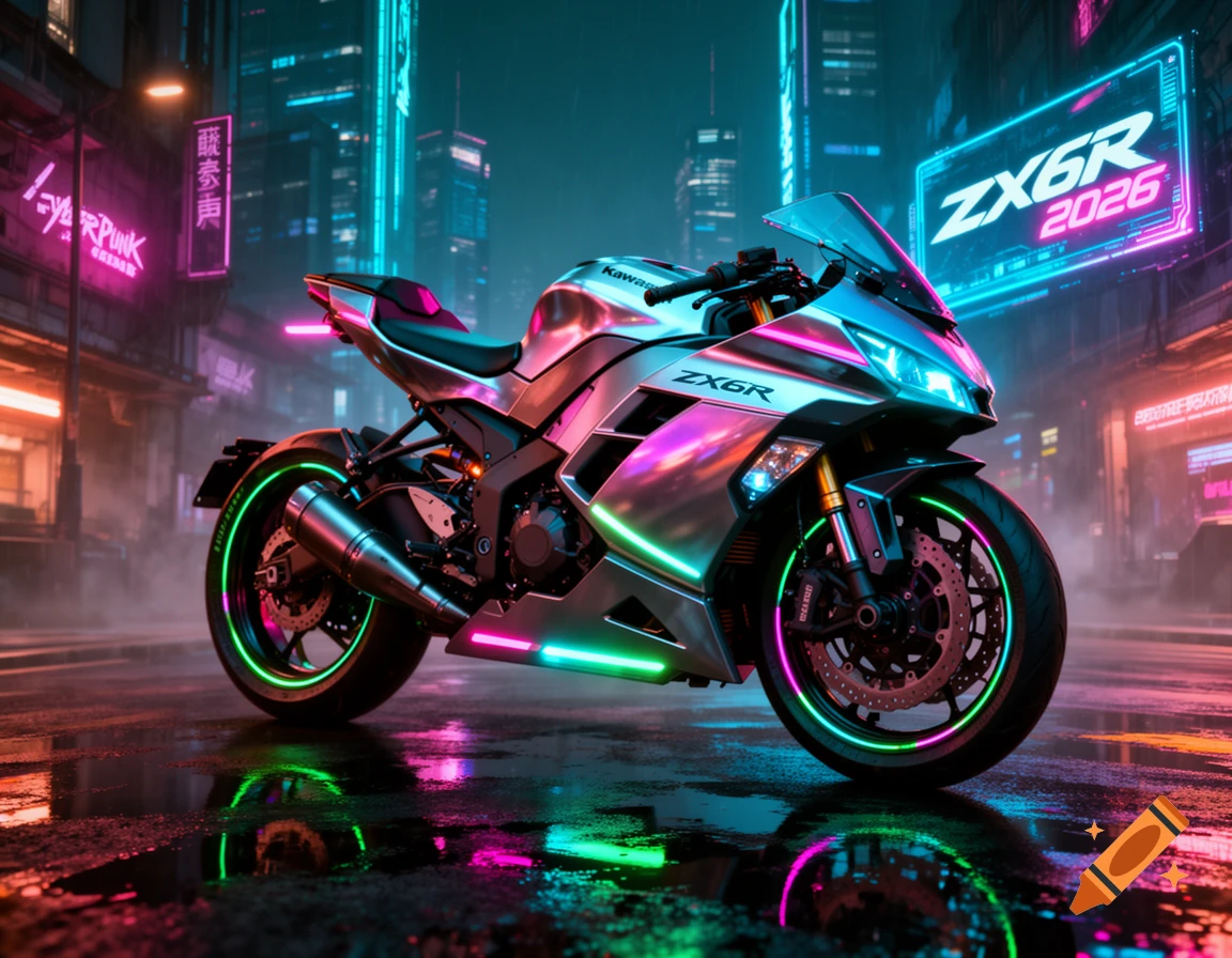 A futuristic silver motorcycle with neon pink, green, and blue lights on a wet street in a cyberpunk city with glowing signs.