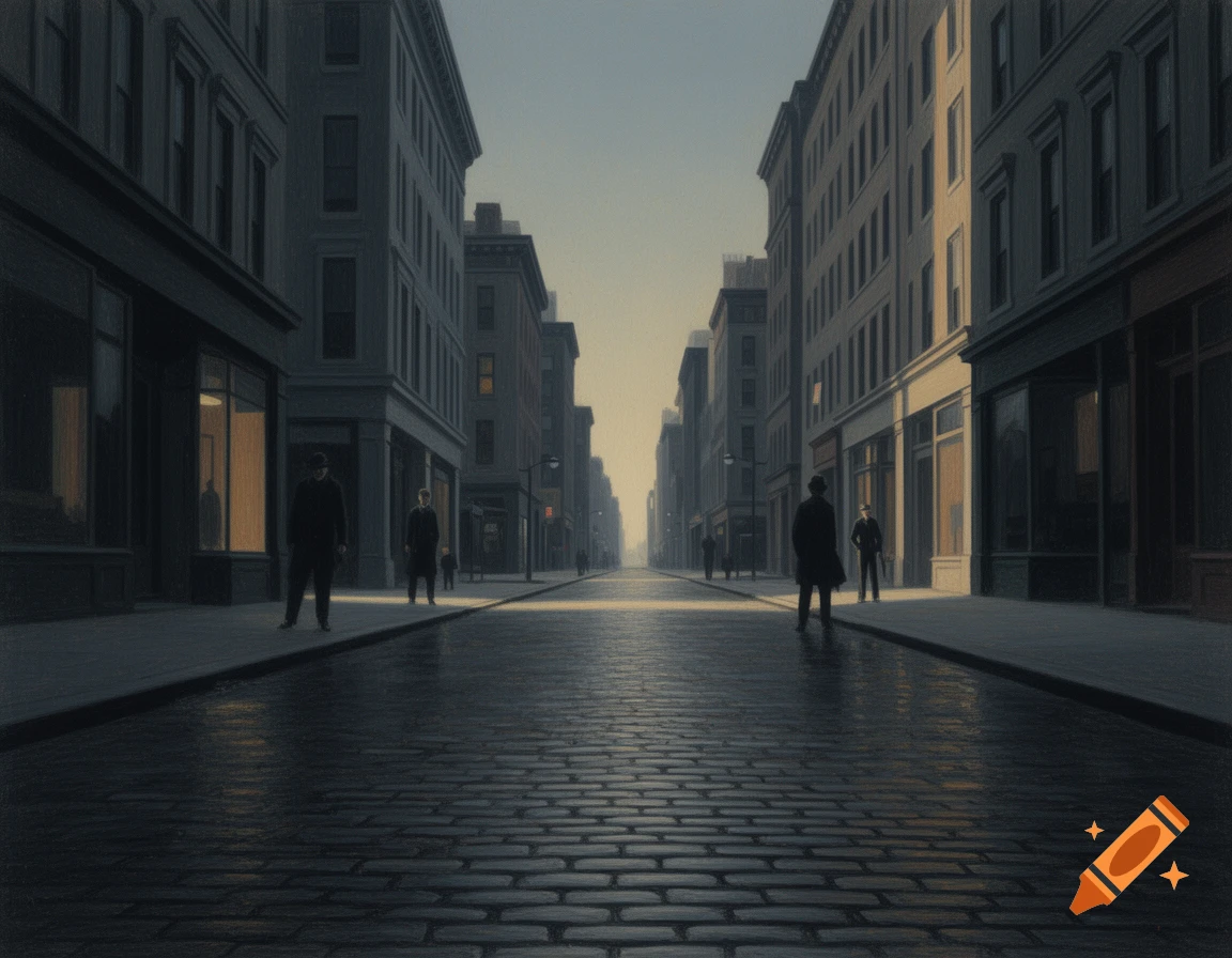A moody, Edward Hopper-style painting of a city street at dusk, with tall buildings lining a wet cobblestone road and scattered figures.