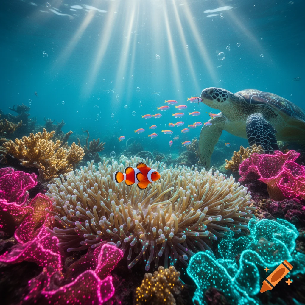 Vibrant underwater coral reef scene with a clownfish in an anemone, a sea turtle, and schools of fish under sunlit water.