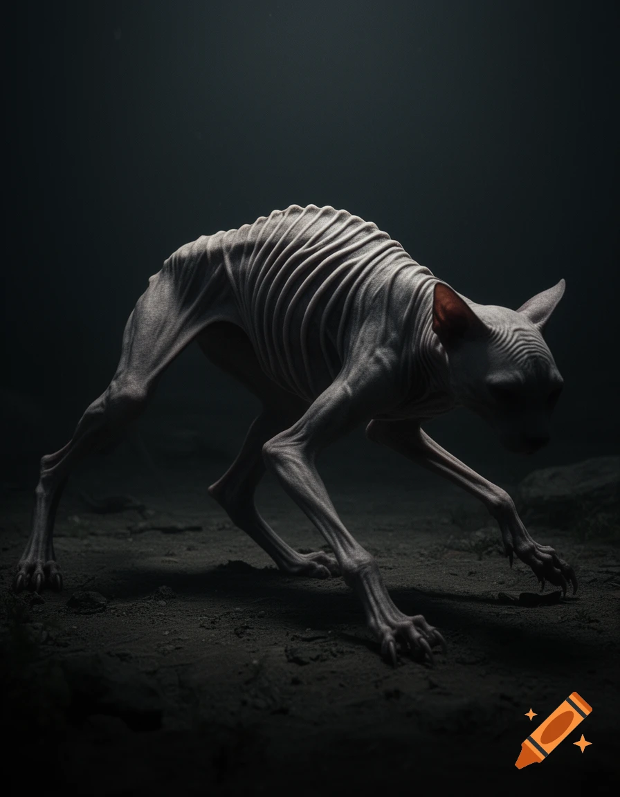 A gaunt, hairless creature with exaggerated ribs and clawed feet crouches in a dark, shadowy environment in a photorealistic style.