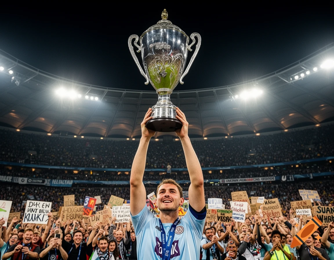 A man in a light blue jersey holds a silver trophy high in a crowded stadium at night, smiling amidst cheering fans. Photorealistic.