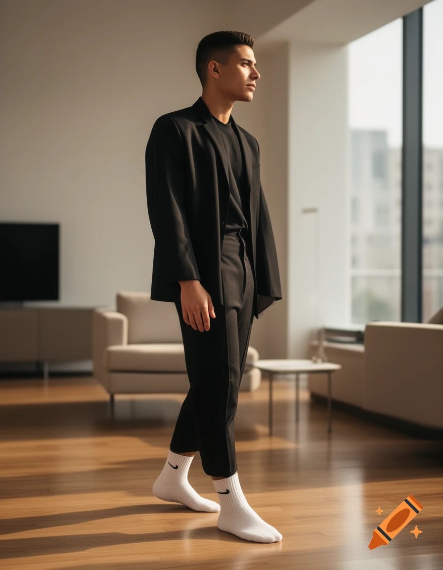 A young man in a black suit and white Nike socks stands on a wooden floor in a modern room, looking right.