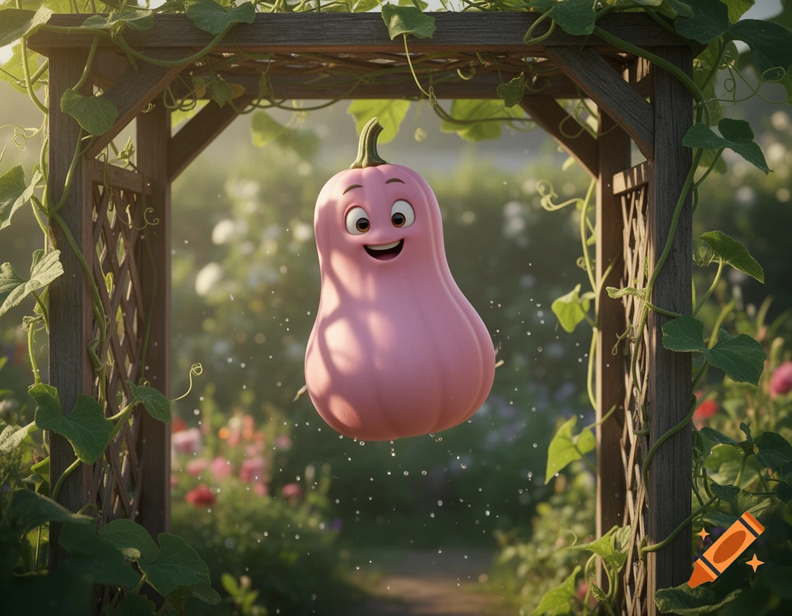 A cartoonish pink squash with a happy face floats under a wooden garden trellis covered in green vines, with a sunny garden in the background.
