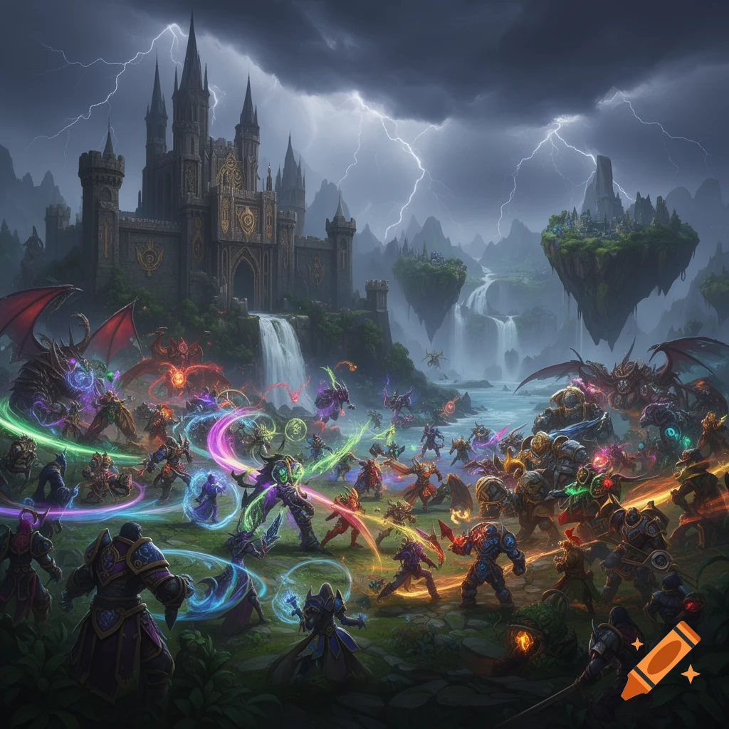 Epic fantasy battle scene with diverse warriors and creatures fighting before a grand castle under a stormy, lightning-filled sky.