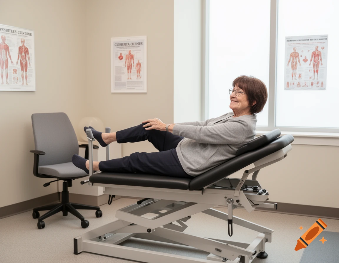 An elderly woman with glasses smiles while lying on a medical examination table, stretching her legs in a doctor's office.