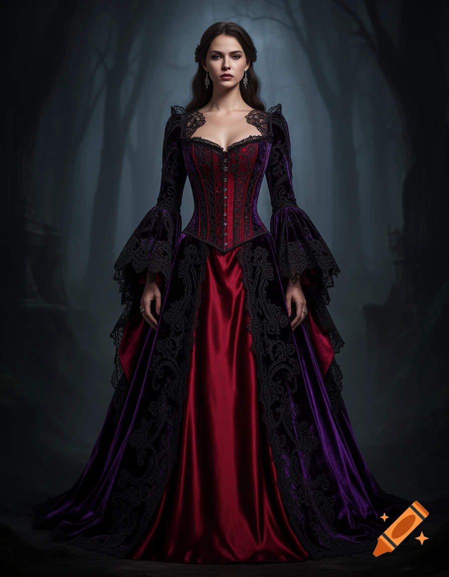 A woman in a dark fantasy setting wears an elaborate gothic gown of red satin and purple velvet with black lace. It's a full-body portrait.