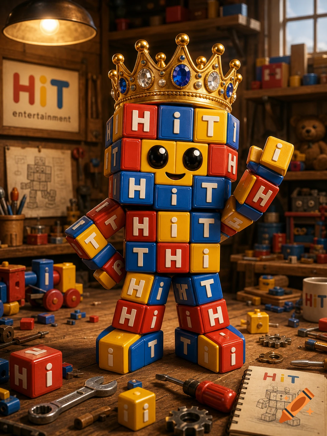 A character made of colorful toy blocks featuring H, i, T letters, wearing a golden crown, stands in a cluttered wooden workshop.