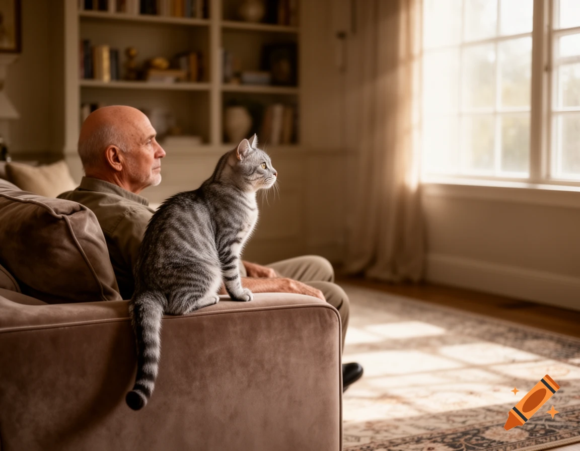 A grey tabby cat sits on a couch next to an older bald man, both looking out a sunlit window.