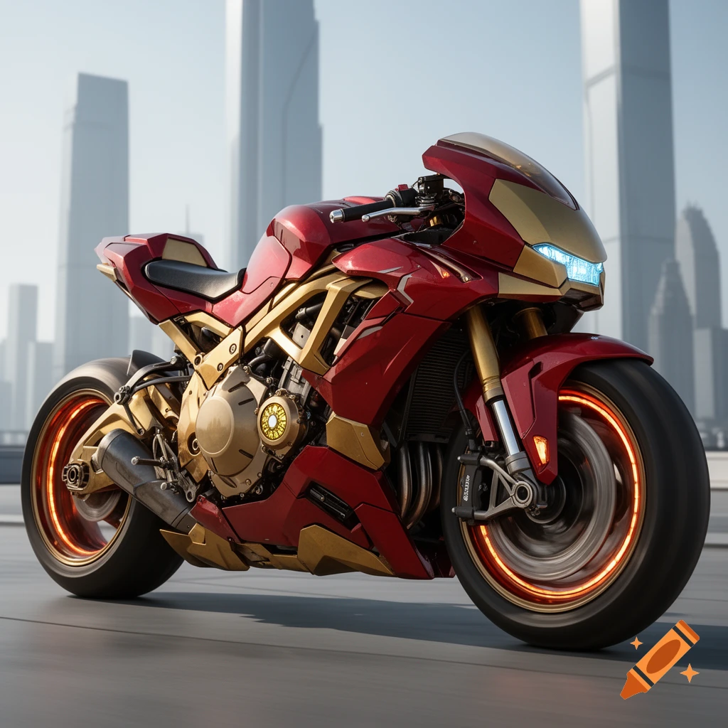 A sleek, red and gold Iron Man-themed sport motorcycle with glowing elements, parked on a road with city skyscrapers in the background.